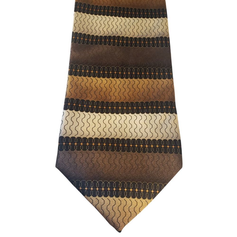 Boca Classics Mens Tie Necktie Designer Brown Gold Cream Horizontal‎ Stripes